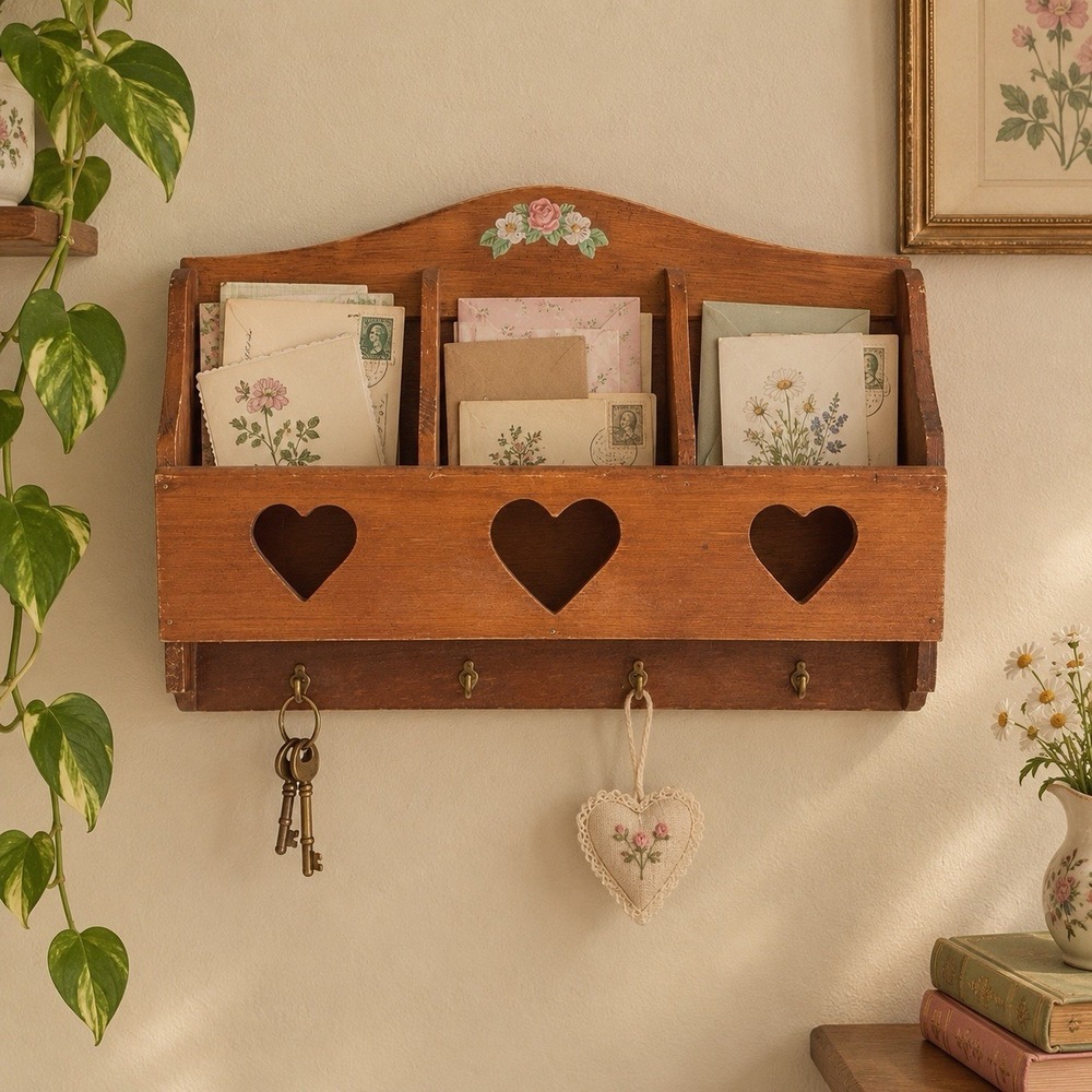 Vtg Letter Keys Mail Holder Organizer Wood Cut Out Hearts Farmhouse Wall Mounted